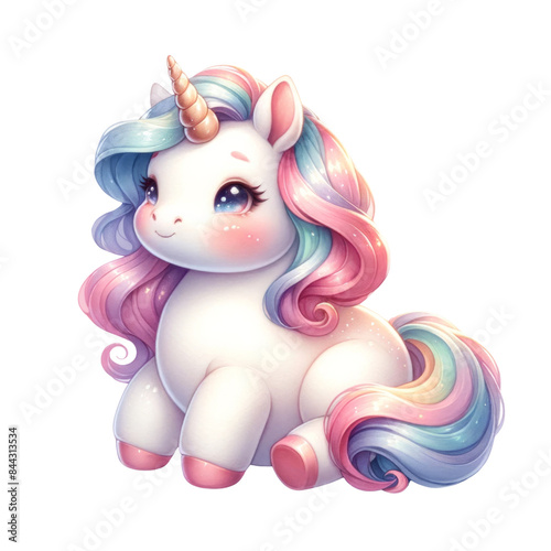 A chubby unicorn illustration in a pastel watercolor style