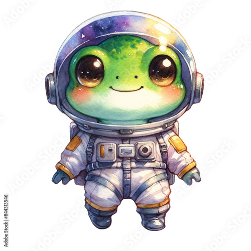 A watercolor style chibi cartoon illustration of a frog wearing a spacesuit exploring outer space on white background.