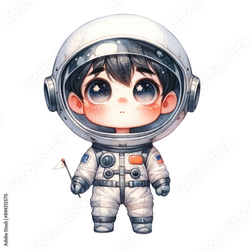 A watercolor style chibi cartoon illustration of a children wearing a spacesuit exploring outer space on white background.