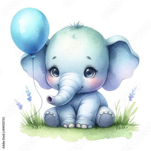 Watercolor cartoon baby elephant sitting on a grassy hill with big blue balloon depiction of summer vibe 