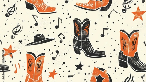 Musical notes. The acoustic guitar is detailed with realistic textures, strings, and wood grain. make it look realistic Cowboy boots with intricate stitching and a classic Western design
