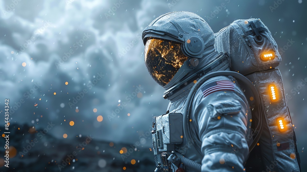 Astronaut in space suit with starry reflection on helmet, standing against dark cloudy sky, illuminated by orange lights, concept of exploration. Astronaut in space suit with starry reflection on helmet, standing against dark cloudy sky, illuminated by orange lights, concept of exploration.
