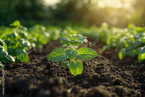 Close-up of young plant growing in fertile soil under sunlight, representing sustainable agriculture and growth in a garden field.