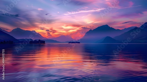Breathtaking Sunset Landscape Reflection on Serene Alpine Lake