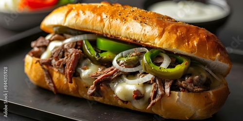 Delicious Philly Cheesesteak with Ribeye, Pickles, Green Peppers, Onions, and Provolone in a Roll. Concept Philly Cheesesteak, Ribeye, Pickles, Green Peppers, Onions, Provolone, Roll