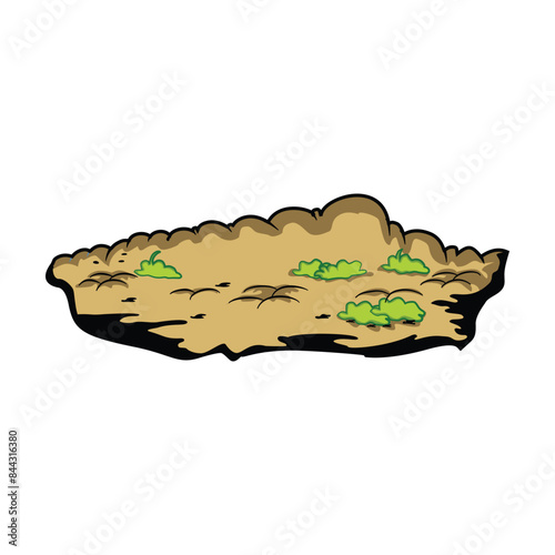 Illustration of a cartoon soil with green grass on a white background. illustration of a wild field that barren and overgrown with grass. Nature themed illustration element design