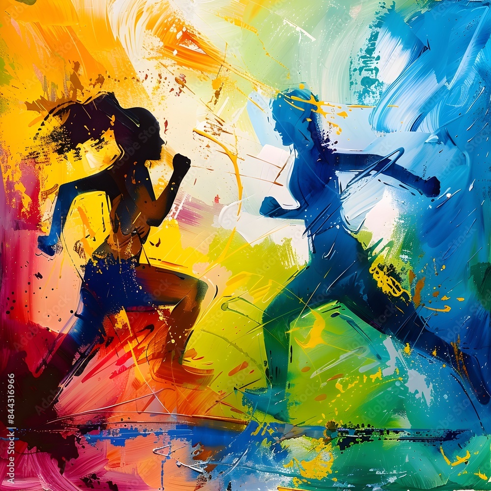 Fototapeta premium Energetic Athlete Executing Dynamic Leap Against Vibrant Abstract Expressionist Backdrop