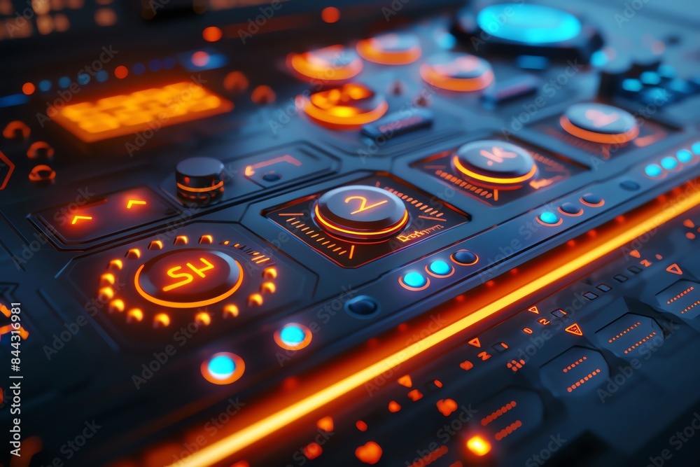 detailed, photorealistic digital rendering of a close-up shot of a Smart Home control panel, showcasing intricate buttons and glowing indicators in a modern sleek design