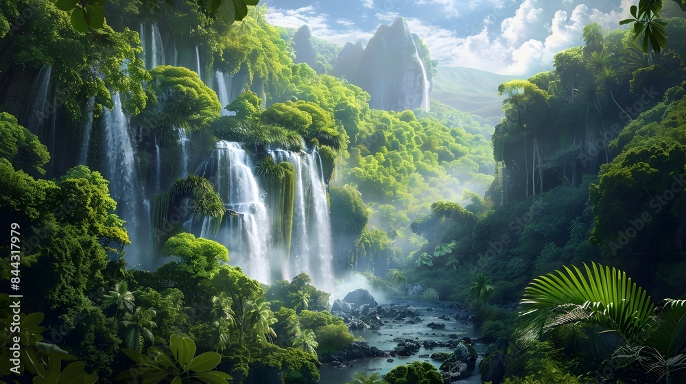 Mesmerizing Waterfall Nestled in Lush Tropical Jungle Landscape with Towering Peaks Mesmerizing Waterfall Nestled in Lush Tropical Jungle Landscape with Towering Peaks
