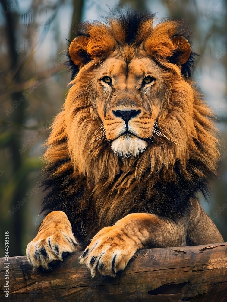 Majestic Lion Sitting on Tree Branch in Savannah Grasslands Majestic Lion Sitting on Tree Branch in Savannah Grasslands