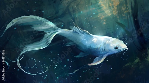 Enchanting Underwater Encounter with a Luminous Aquatic Creature Swimming in the Mystical Depths