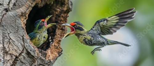 AI generator images of 
Psilopogon haemacephalus,coppersmith barbet, the mother bird is flying and holding the banyan fruit Feed two baby birds photo