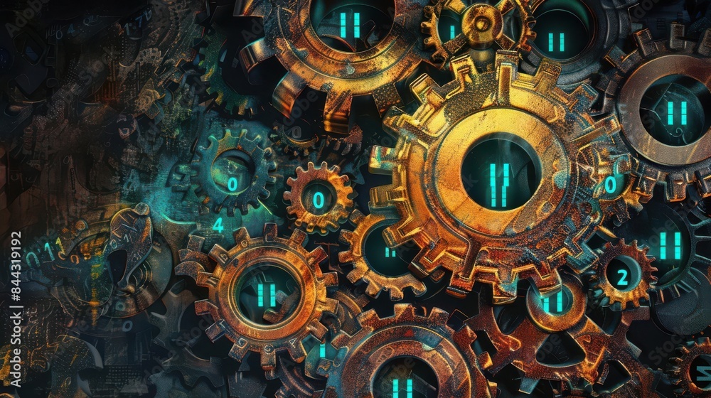 Weathered gears enveloped in binary numbers, vibrant colors, steampunk style, hightech, digital painting Weathered gears enveloped in binary numbers, vibrant colors, steampunk style, hightech, digital painting