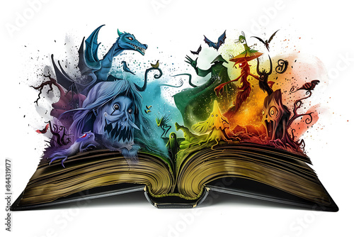 An open book of fairy tales with scary characters.