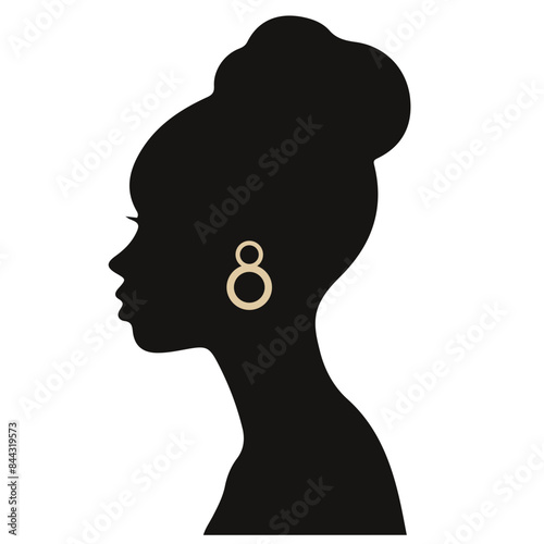 A silhouette of a woman with an updo hairstyle and large hoop earrings
