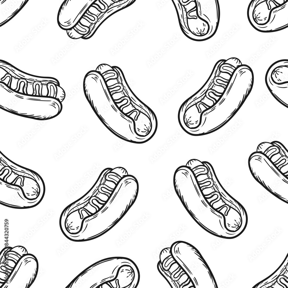 Hand Drawn Doodle Hot Dog Seamless Pattern. Line Art Hot Dog Repeat Pattern Background Hand Drawn Doodle Hot Dog Seamless Pattern. Line Art Hot Dog Repeat Pattern Background