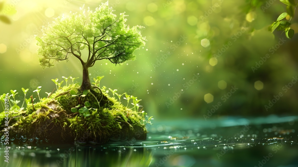 Lush green tree with moss covered roots growing in serene forest landscape with reflection in calm water and soft sunlight Lush green tree with moss covered roots growing in serene forest landscape with reflection in calm water and soft sunlight