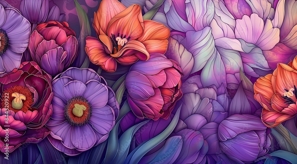 A colorful painting of flowers with a purple background