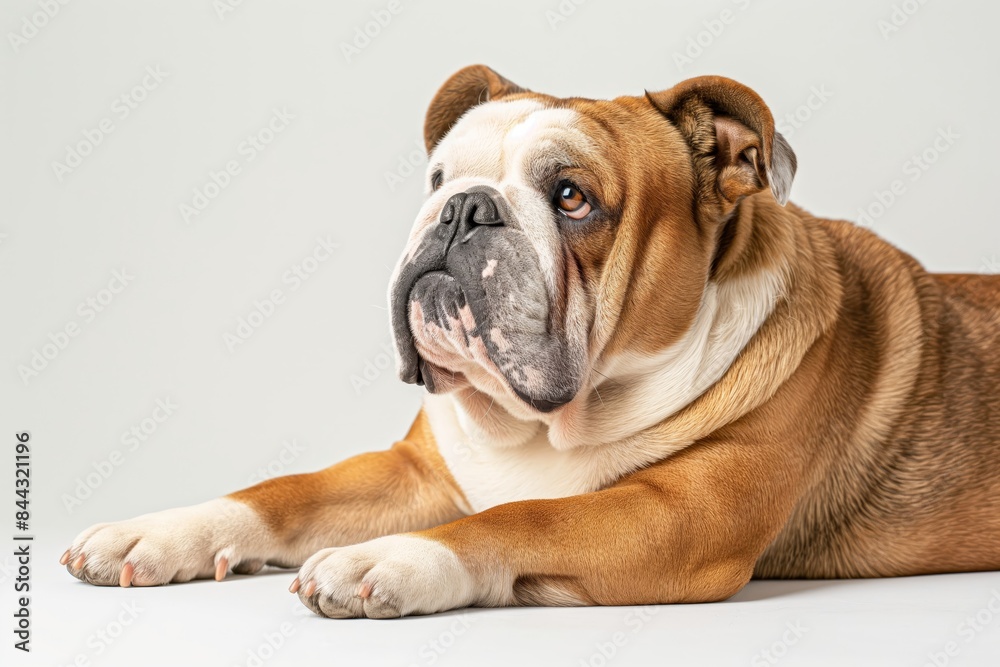 A large brown and white pitpull  dog is laying on a white surface