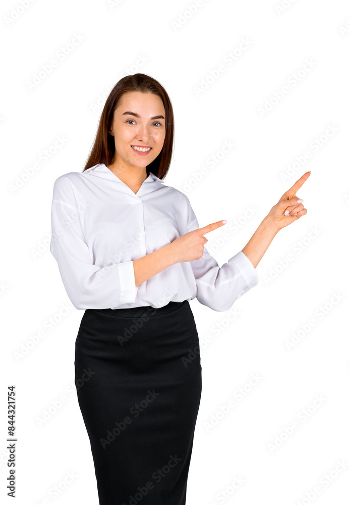 Woman in business attire pointing to the side, isolated on a whi Woman in business attire pointing to the side, isolated on a whi
