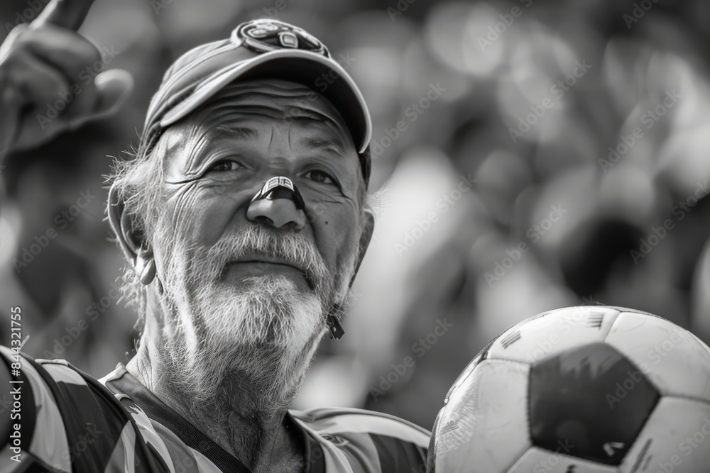 Obraz premium Elderly man in sports attire holding a soccer ball, captured in black and white