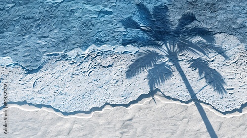 A blue and white beach scene with a palm tree casting a shadow on the sand