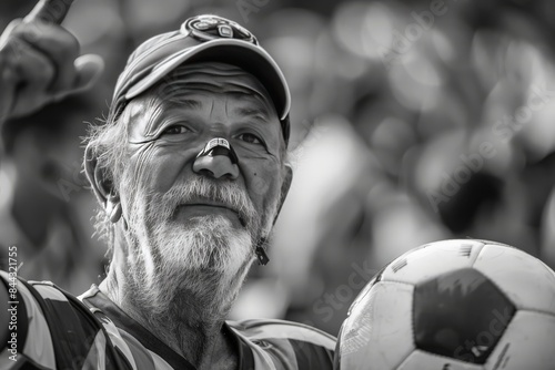 Elderly man in sports attire holding a soccer ball, captured in black and white photo