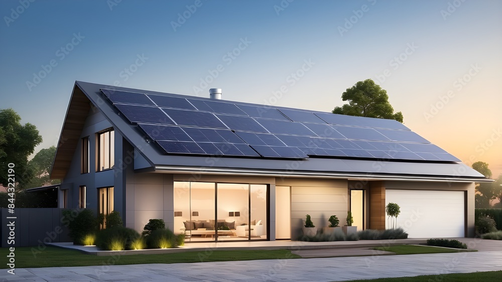Capture the essence of a modern, energy-efficient smart home with a solar panel rooftop system, emphasizing renewable energy, presented as a wide banner with space for text. Capture the essence of a modern, energy-efficient smart home with a solar panel rooftop system, emphasizing renewable energy, presented as a wide banner with space for text.