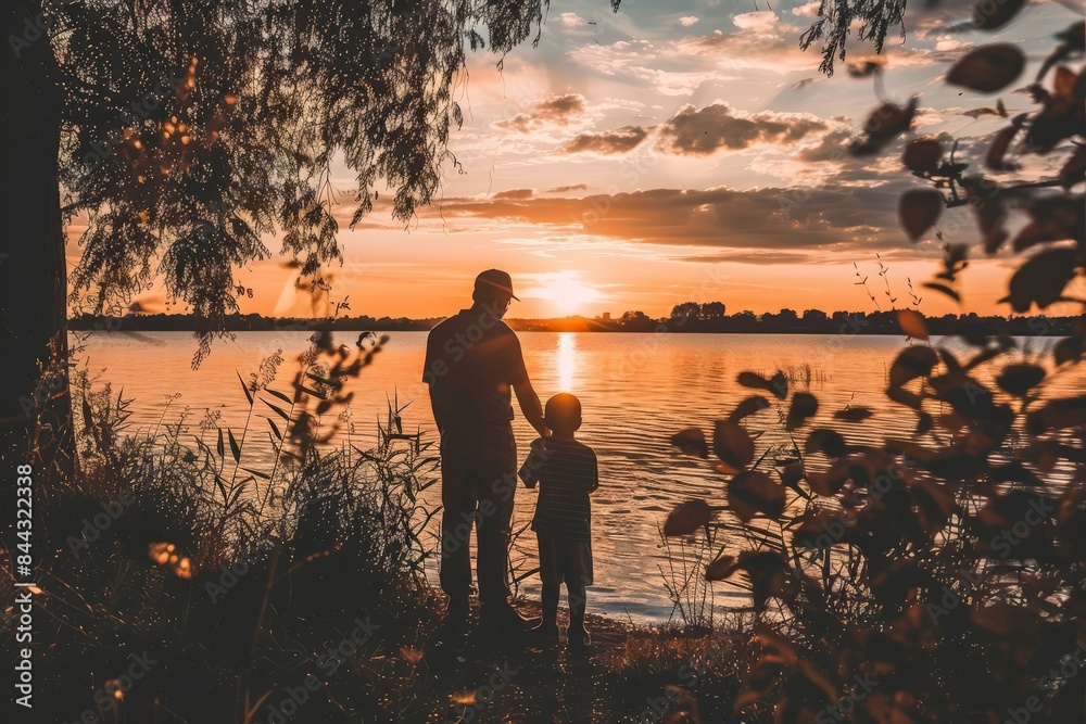 Fototapeta premium A warm, heartfelt moment as an adult and child look out over a lake at sunset, surrounded by nature