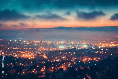 Abstract, dreamy depiction of city lights illuminating the scene at blue hour, with a blurred effect