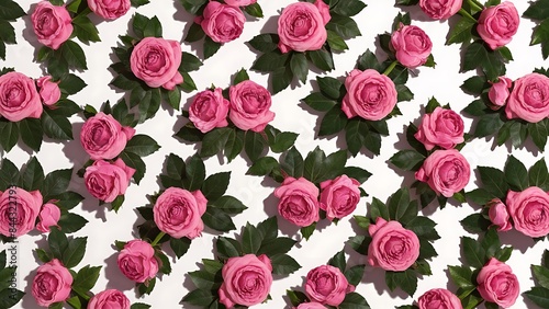 Floral pattern made of pink roses green leaves on white background flat lay top view floral pattern pattern of flowers flowers texture