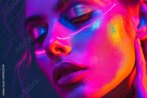 Close-up image of a woman with neon lights highlighting her facial features