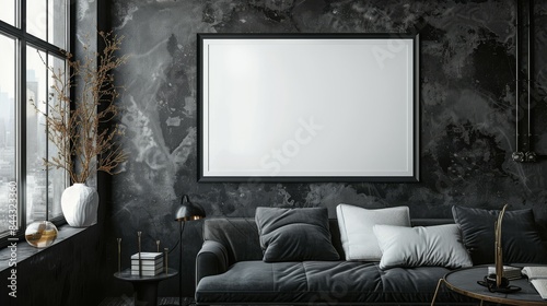 Modern design with black background with thin empty horizontal frame. This frame is also black. Inside the frame is a blank white page. It contrasts strikingly with the black frame and background. photo