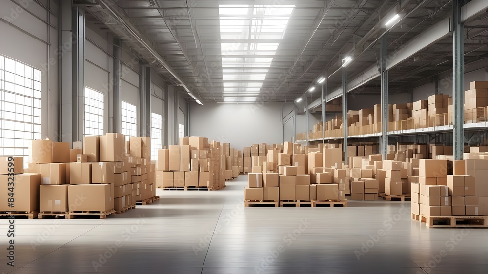 Illustrate a wide banner of a distribution warehouse with a conveyor belt and rows of cardboard box packages, highlighting e-commerce delivery and automated logistics, including a generous copyspace a Illustrate a wide banner of a distribution warehouse with a conveyor belt and rows of cardboard box packages, highlighting e-commerce delivery and automated logistics, including a generous copyspace a
