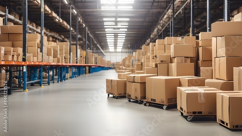 Create a wide banner showcasing a conveyor belt in a distribution warehouse lined with cardboard boxes, representing e-commerce delivery and automated logistics, designed with a clear copyspace area f