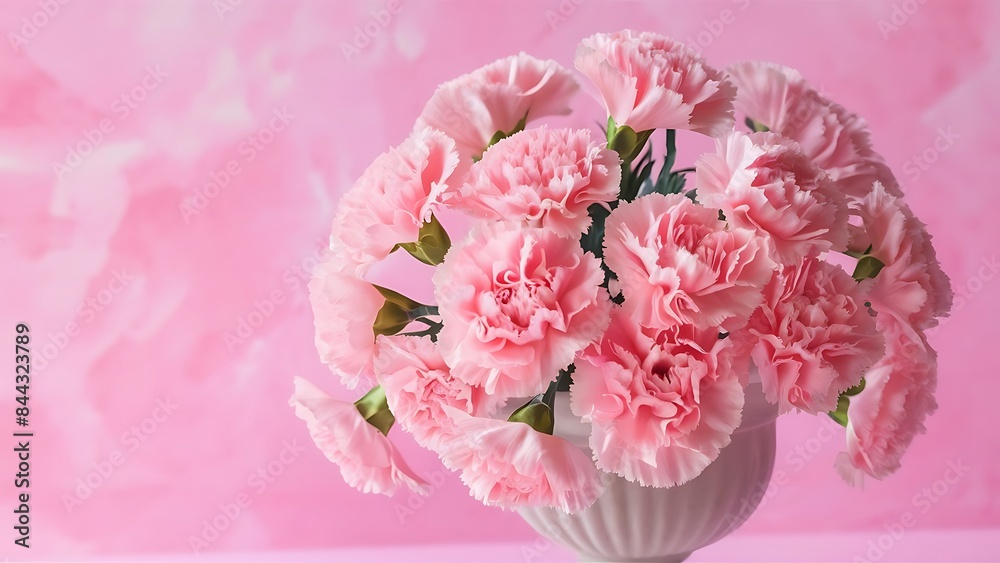Beautiful pink carnation flowers in a vase on a pink pastel background Beautiful pink carnation flowers in a vase on a pink pastel background