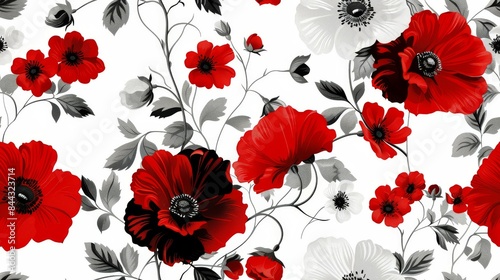 The large, sparse floral pattern of striking red, black, and white flowers creates a unique, striking color. This eye-catching pattern Stylish appearance in a variety of applications From textiles to 
