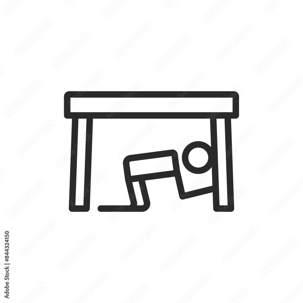 Under Table, Taking cover, linear style icon. Person taking cover under a table for safety. Editable stroke width. Under Table, Taking cover, linear style icon. Person taking cover under a table for safety. Editable stroke width.