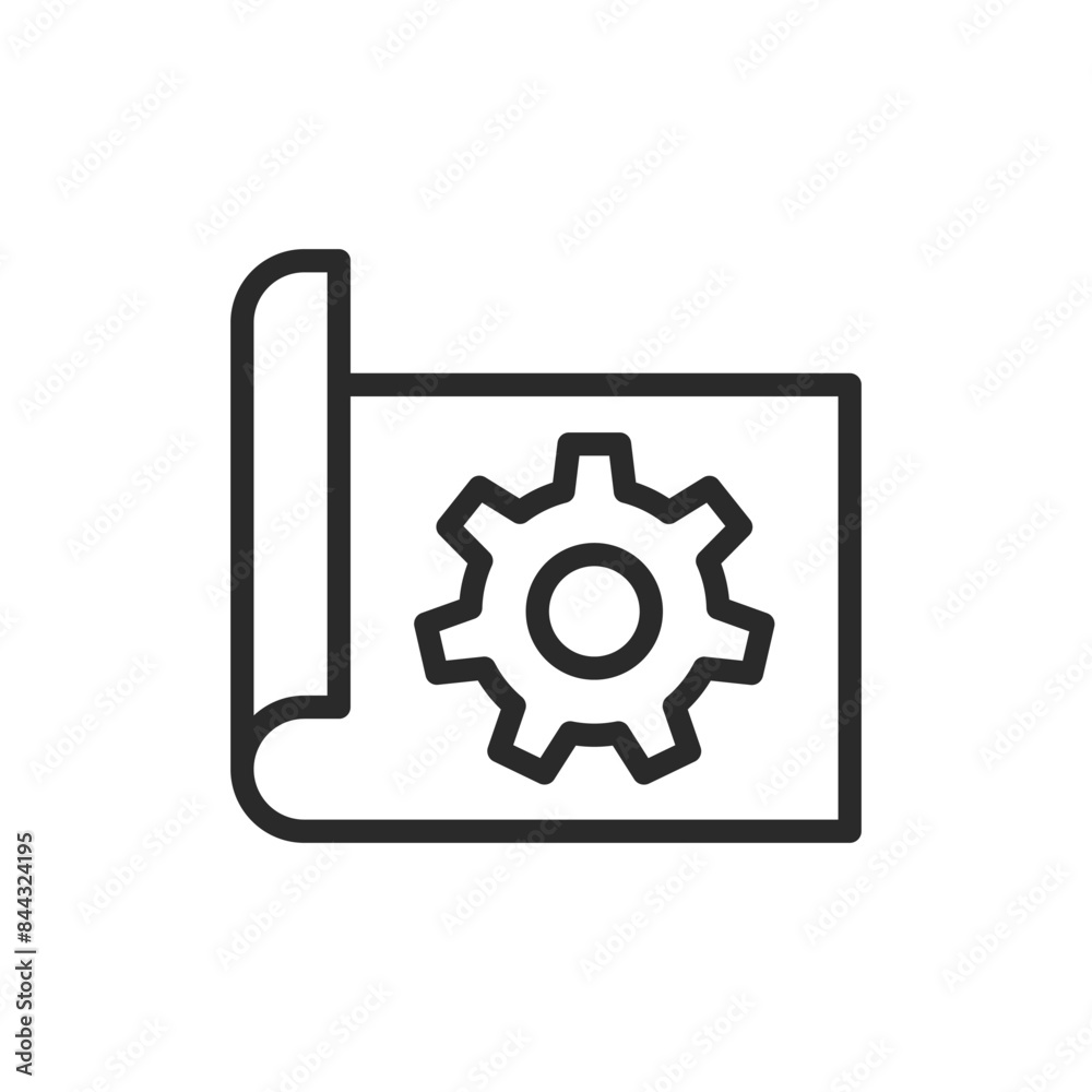 Blueprint with gear, linear style icon. Blueprint or plan with a gear, construction or engineering project. Editable stroke width. Blueprint with gear, linear style icon. Blueprint or plan with a gear, construction or engineering project. Editable stroke width.