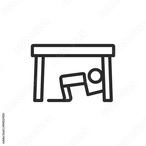 Under Table, Taking cover, linear style icon. Person taking cover under a table for safety. Editable stroke width.