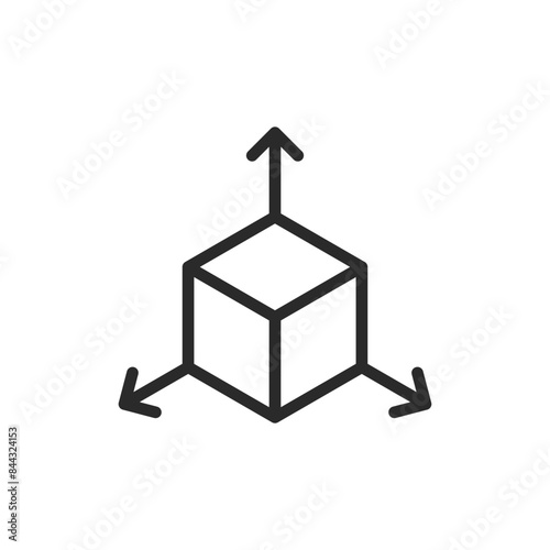 3D cube measurement, linear style icon. Cube with arrows three-dimensional size. Editable stroke width.
