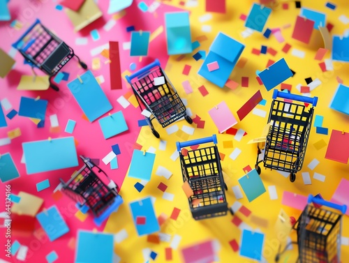 Miniature shopping carts and colorful confetti on a pink and yellow background. A playful and abstract concept for retail and shopping.