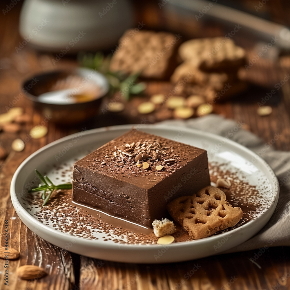 A close-up a Bonet, a traditional Italian dessert. A close-up a Bonet, a traditional Italian dessert.