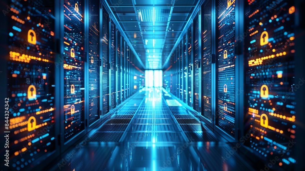 Futuristic data center with bright blue lighting, showcasing rows of advanced servers and cybersecurity icons. Futuristic data center with bright blue lighting, showcasing rows of advanced servers and cybersecurity icons.