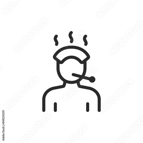 Fever, high temperature, linear style icon. Person with thermometer in mouth and cloth on forehead. Feeling hot. Editable stroke width