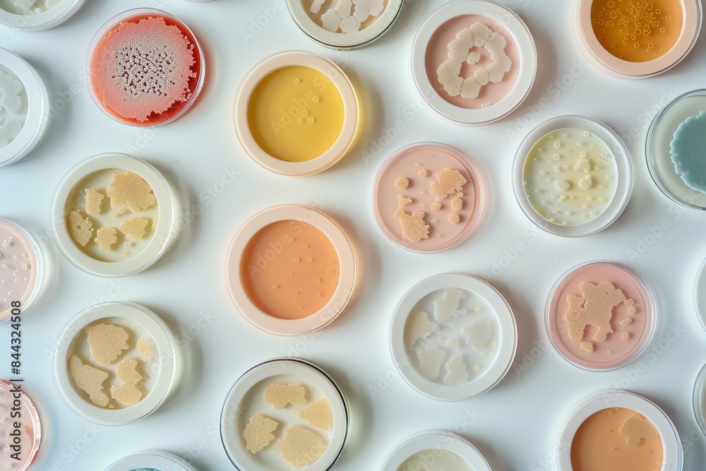 A flat lay of various shades of foundation powder in round containers on a white background.