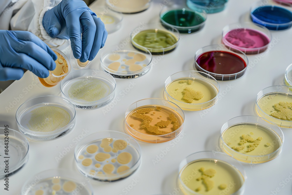 Close-up of gloved hands examining petri dishes filled with colorful bacterial cultures in a laboratory setting. Close-up of gloved hands examining petri dishes filled with colorful bacterial cultures in a laboratory setting.