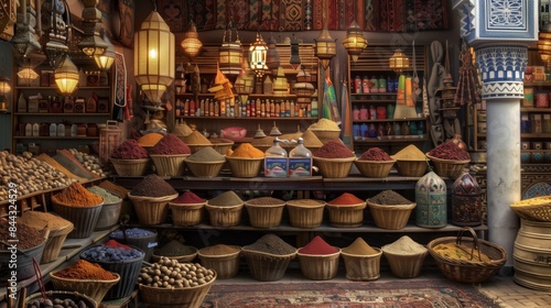 A bustling Moroccan souk showcases colorful spices, dried fruits, nuts, ornate lanterns, and intricate carpets.