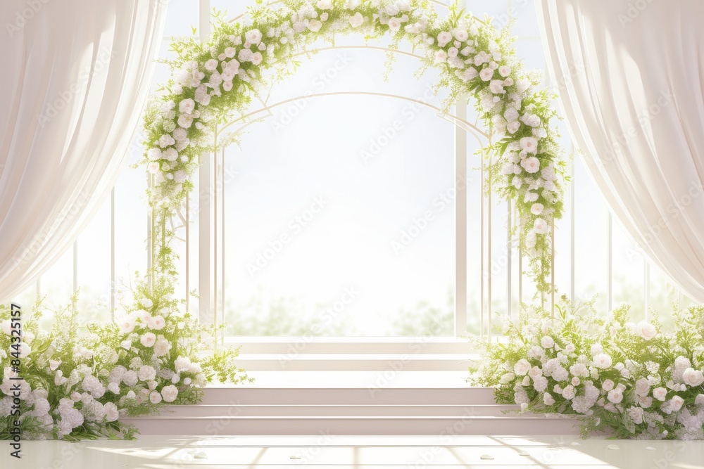 Floral Wedding Archway With White Curtains Floral Wedding Archway With White Curtains