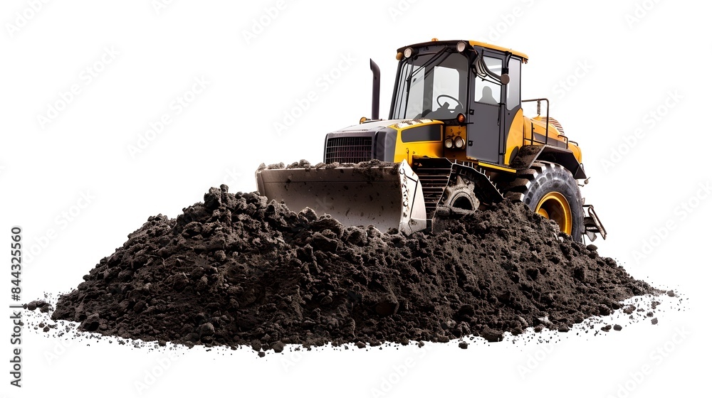 Powerful Bulldozer Pushing Dirt Pile on Construction Site with Cranes and Materials Powerful Bulldozer Pushing Dirt Pile on Construction Site with Cranes and Materials
